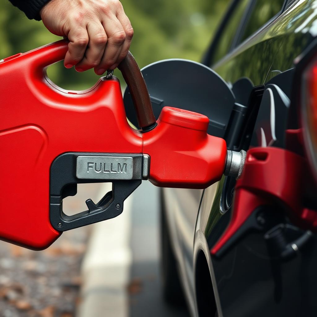 Red fuel can pouring gas into a car's tank