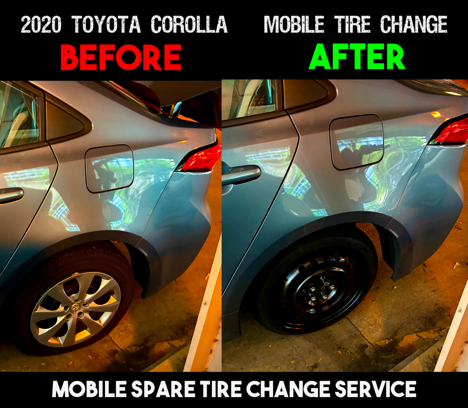 2020 Toyota Corolla before and after mobile spare tire change service in Atlanta