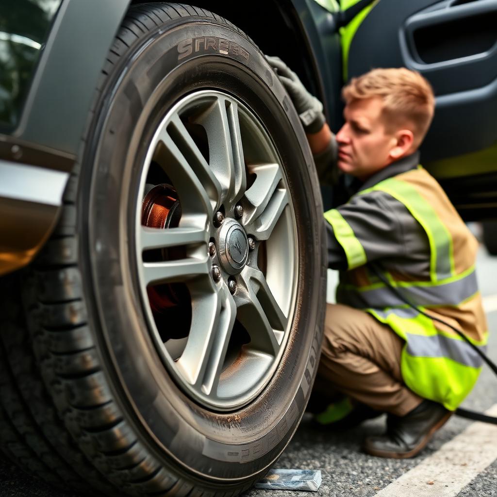Technician replacing a tire on a wheel rim roadside