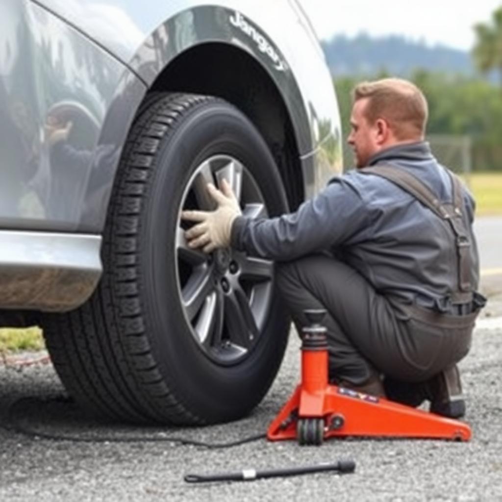 Technician changing a flat tire with a jack