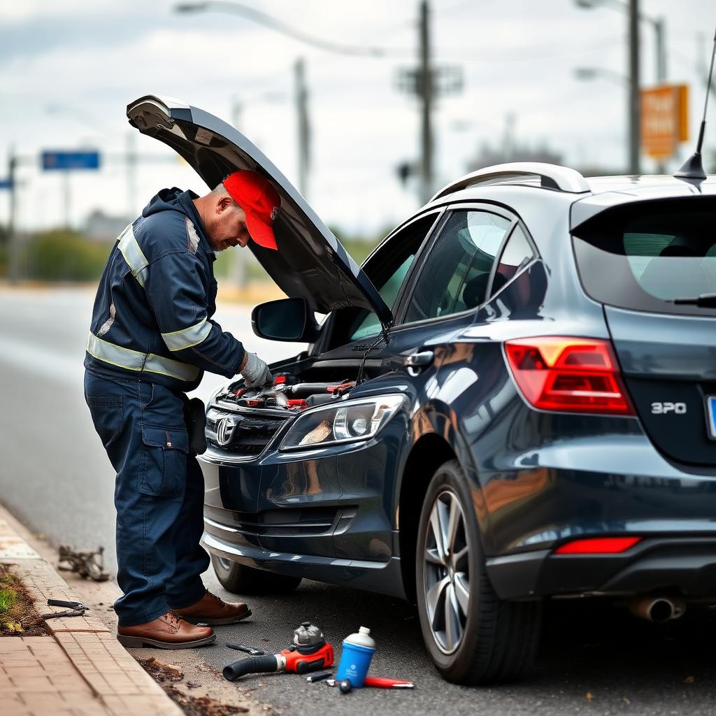 Mobile mechanic working under a car hood roadside