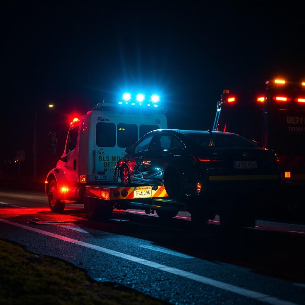 Tow truck recovering a wrecked car at night