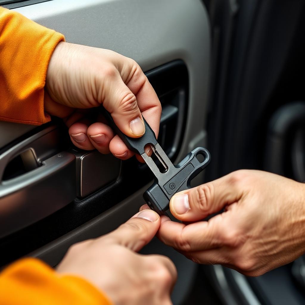 Automotive locksmith unlocking a car door